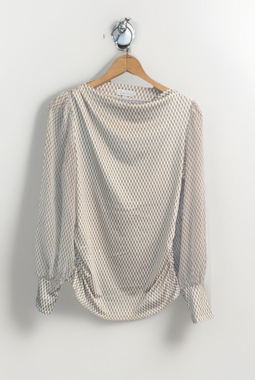 ChenaulT Women’s Blouse Geometric Print Cream Brown Long Sleeve Size M
